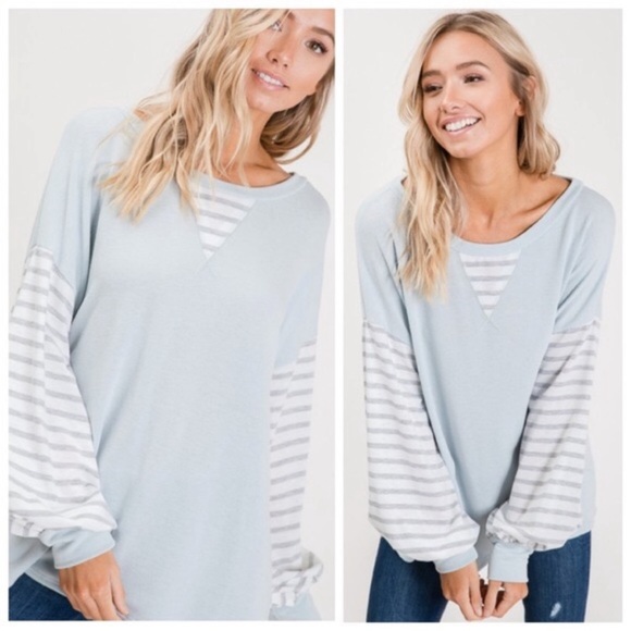 Danalli Tops - Light blue grey striped top